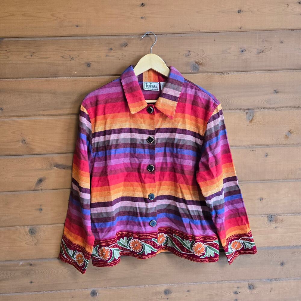Vintage Rainbow Striped Jacket Y2K Serape Button Up Shacket Boho Southwestern S